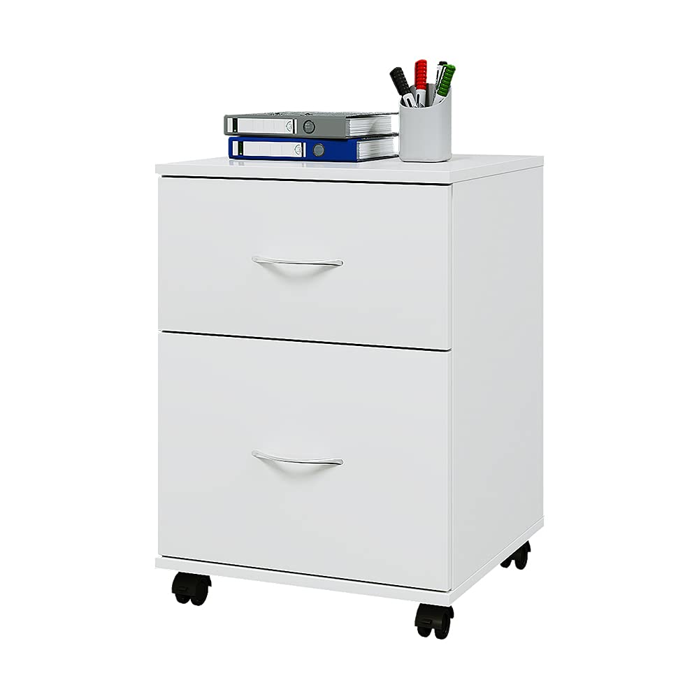 Panana Mobile File Cabinet with 2 Drawers, Wooden Rolling Filing Cabinet Under Desk Small Mobile Filing Organizer, White