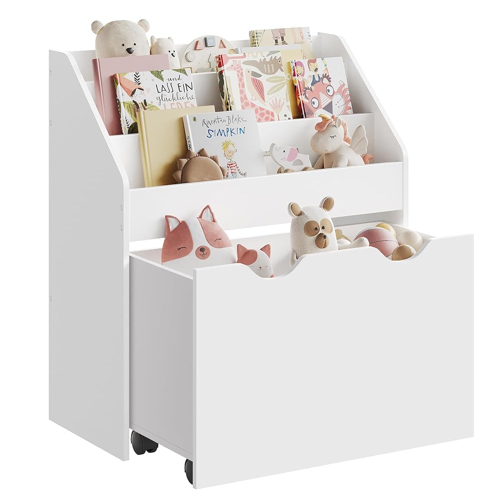 SONGMICS Kids Bookshelf and Toy Organiser, Toy Storage Chest and Bookcase with 3 Shelves, Storage Box with Wheels, Multipurpose, for Children's Room and Playroom, Cloud White