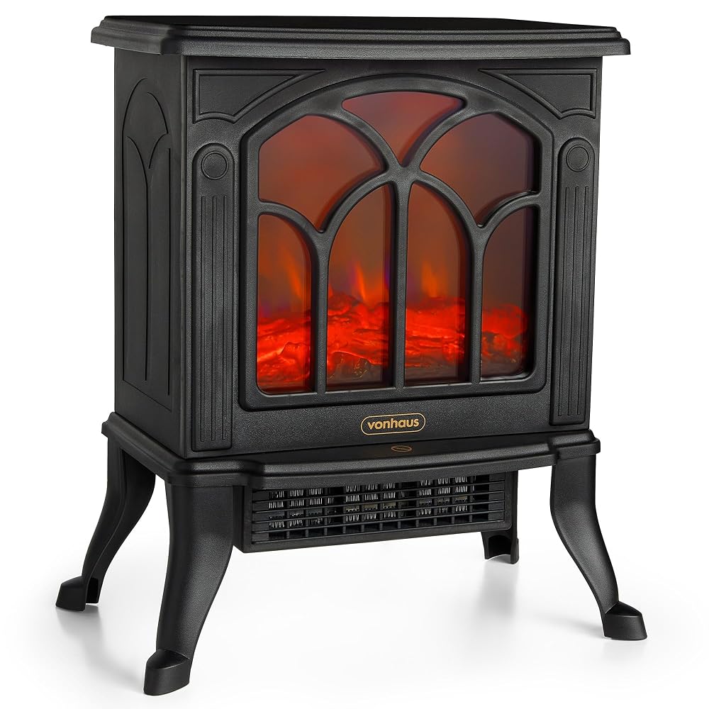 VonHaus Electric Stove Heater 1500W, Indoor Log/Wood Burner Effect Freestanding Fireplace with LED Flame