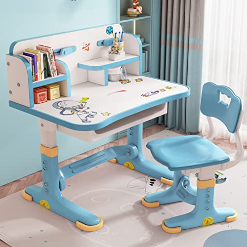 Kids Desk and Chair Set, Height Adjustable Children Study Desk, Golden Distance Preventing Myopia Design, Children Study Desk with Spacious Storage Drawer for Boys Girls School Home Study