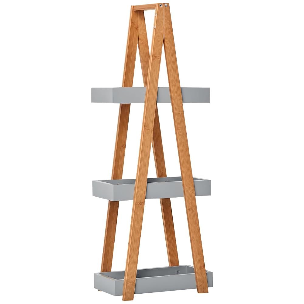 kleankin Bathroom Storage Shelves, 3-Tier Slim Shelving Unit, Freestanding Bamboo A-Frame Space Saver