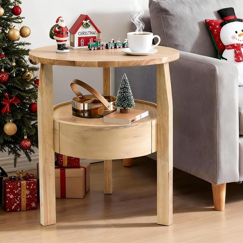 Round Coffee Table with Storage and Hidden Drawer, Natural Wood