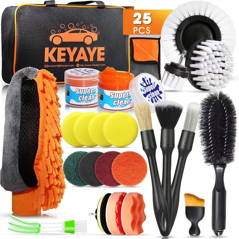 KEYAYE 25 Pcs Car Cleaning Kit, Car Detailing Kit with Ultra-Soft Car Detailing Brushes, Microfibre Cleaning Cloth, Wash Mitt, Alloy Wheel Brush and Drill Brushes Set