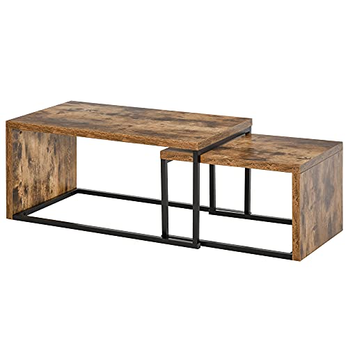 HOMCOM Coffee Table Set of 2, Industrial Nesting Table with Steel Frame and 8cm Thick Tabletop, Sofa Side End Table for Living Room, Rustic Brown