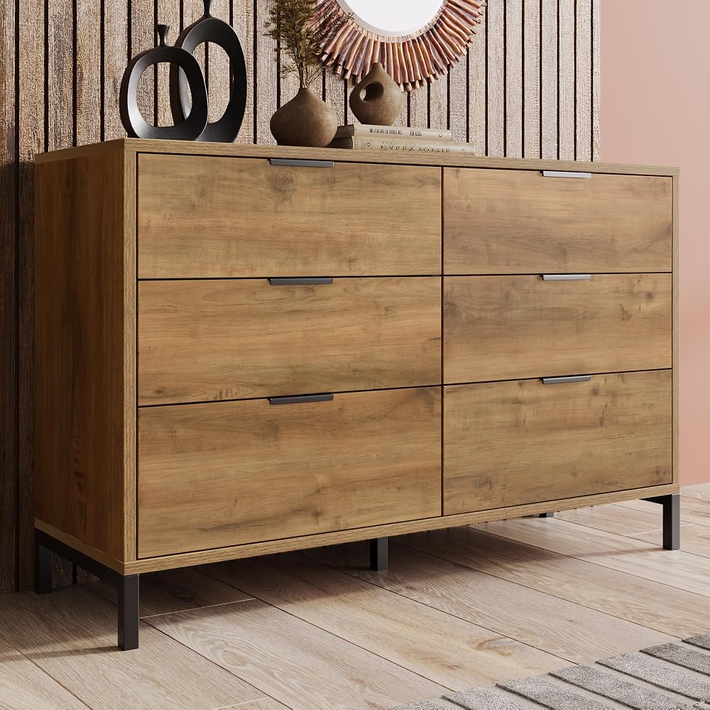 BTM Chest of Drawers Bedroom, 6 Drawers, Dark Oak with Black Metal Frame