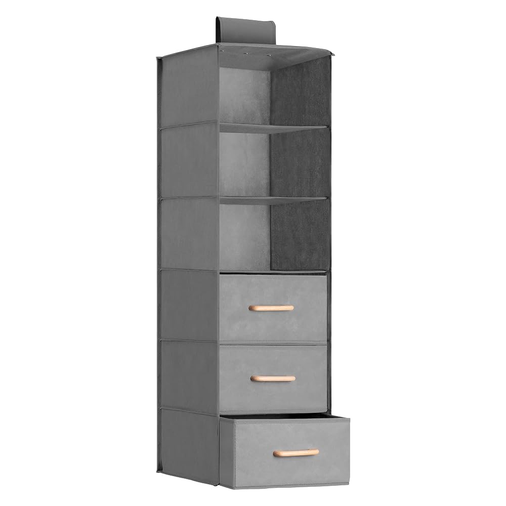 Navaris Hanging Wardrobe Organiser with Drawers, Storage with 6 Shelves and 3 Drawers with Wooden Handles