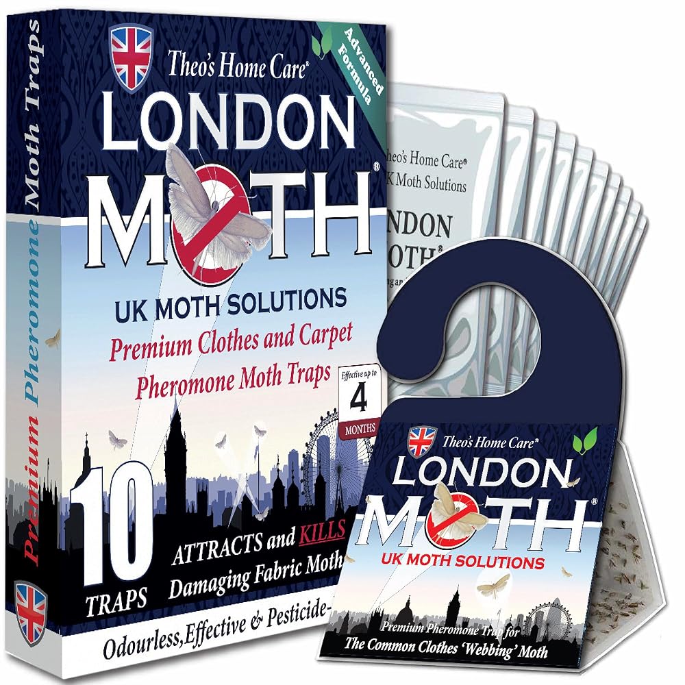 LONDON MOTH KILLER 10 (TEN) Premium Sticky Pheromone Moth Traps for the Common Clothes Moth and Similar Variants, for Wardrobes, Clothes and Carpets. inc. eBook