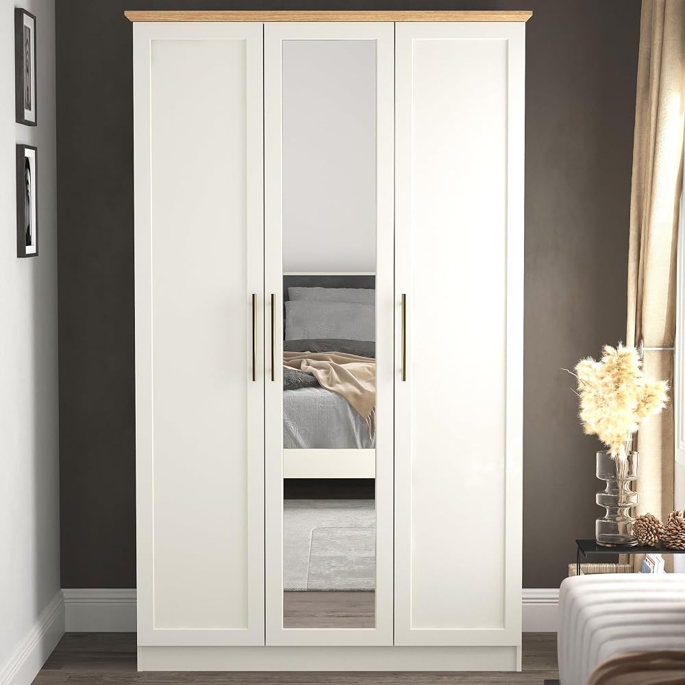 Galano Cleverton 3 Door Wardrobe with Mirror, Gold Metal Handles
