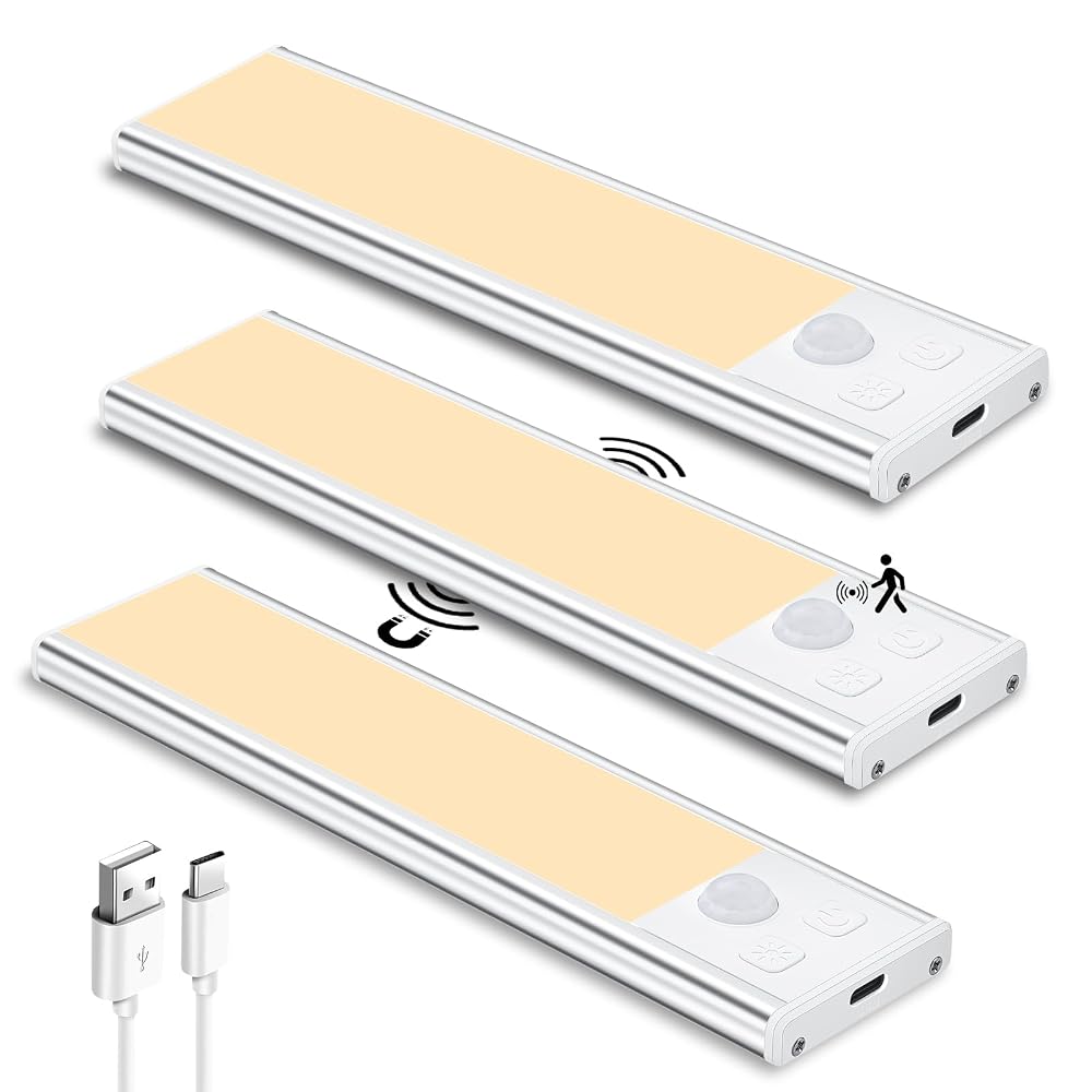 TOPPLEE Under Cabinet Kitchen Lights, 3 Pack Motion Sensor, 3 Colour Temperature, Wireless, Rechargeable 1300mAh Battery