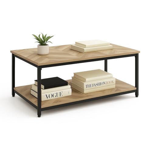 SG Traders Large Coffee Table | Industrial Coffee Table for Living Room | Stylish and Durable 2 Tier Wooden Tables with Storage & Metal Legs | Perfect for Any Room 100x50x45cm Light Wood Grain