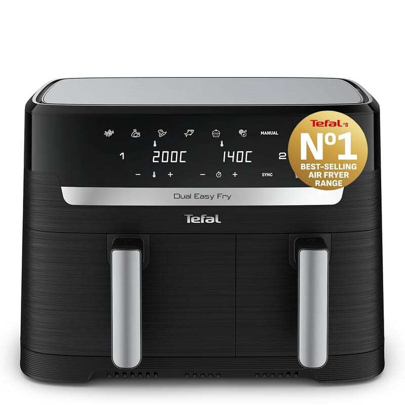 Tefal Easy Fry Dual Zone Digital Air Fryer, 2 Drawers, 8.3L, 8in1, Roast, Bake, Reheat, Dehydrate, 6 Portions, Black & Metal (EY901840)