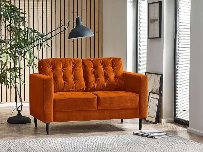 Furniturebox UK Joni 2 Seater Burnt Orange Velvet Sofa - Upholstered Modern Retro Fabric Sofa with Black Wooden Tapered Legs