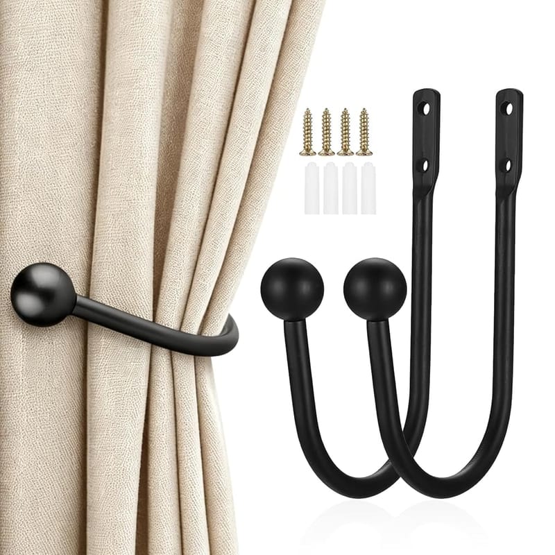 2 Pcs Metal Curtain Holdbacks, Wall Mounted Curtain Holder Hooks (Black)