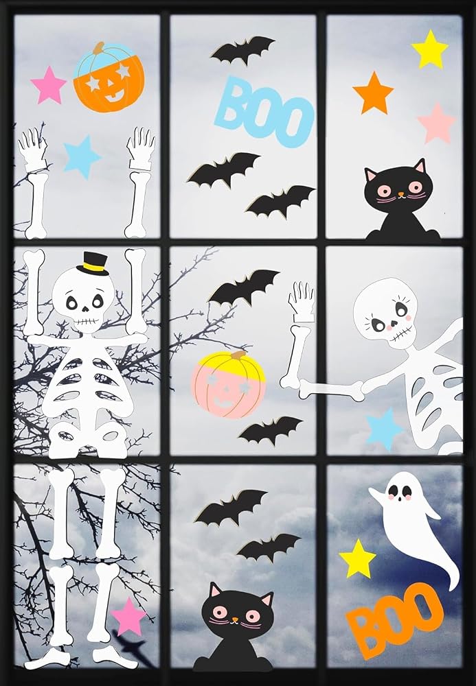 Talking Tables Halloween Reusable Window Stickers (NO Glue) Super Spooky Fun Party Decorations Kid Friendly Glass Clings, Featuring Bats, Skeletons, Black Cats, Pumpkins - 6 Sheets