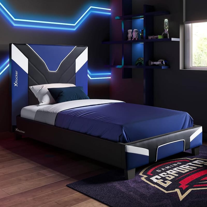 X-Rocker Cerberus MKII 3ft Single Gaming Upholstered Bed Frame - Flat-Pack, Wooden Slats, Wipe-Clean Faux Leather for Kids & Teens, Blue, 90x190cm