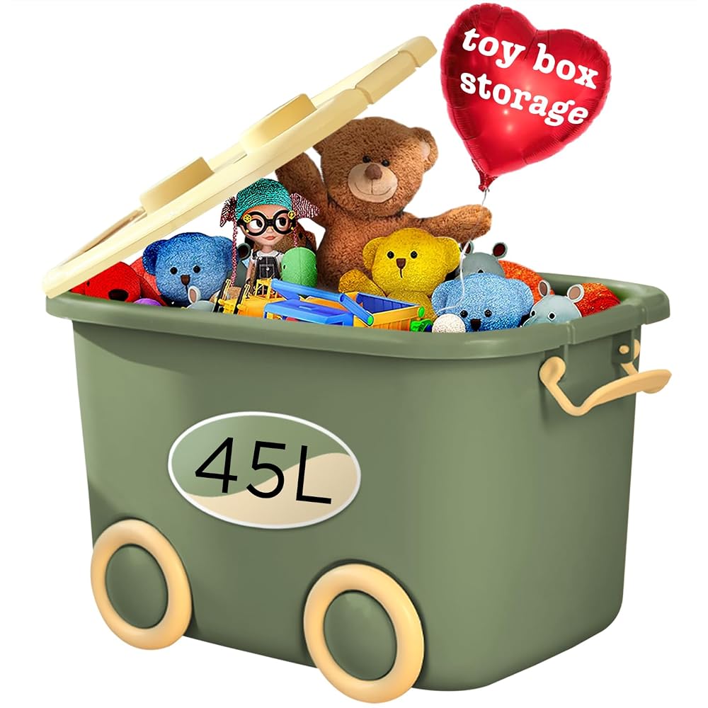 Froppi Toy Box Storage with Lid and Wheels, Large Size, 45L (Green)