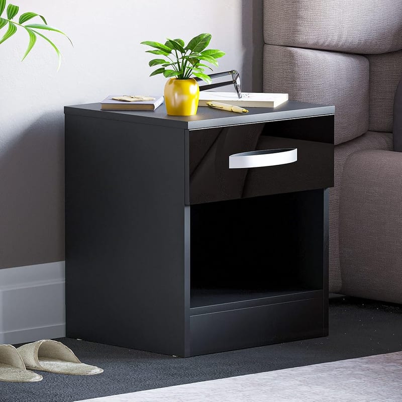 VIDA Designs High Gloss Bedside Table, Nightstand Side Table (Black, 1 Drawer)