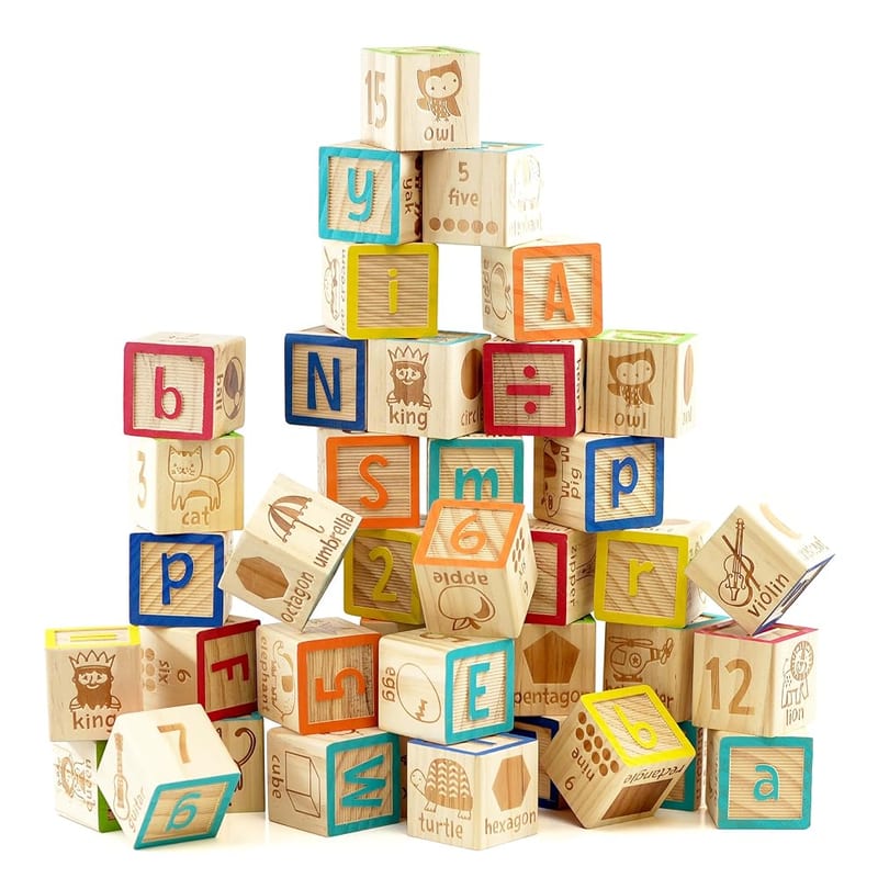 The Magic Toy Shop Wooden ABC Blocks & Number Block Set 40 Pcs - Early Learning Educational Toys, Alphabet Letters, Shapes, Animals, Storage Bag - Great for Toddler Stacking Games, 18 Months+