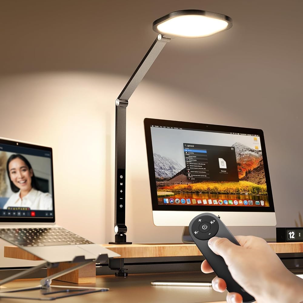 LitONES LED Desk Lamp with Clamp for Home Office, Dimmable Desktop Video Lights for Video Conference Lighting, Zoom Meeting, Video Call, Recording, Adjustable Swing Arm Table Task Light