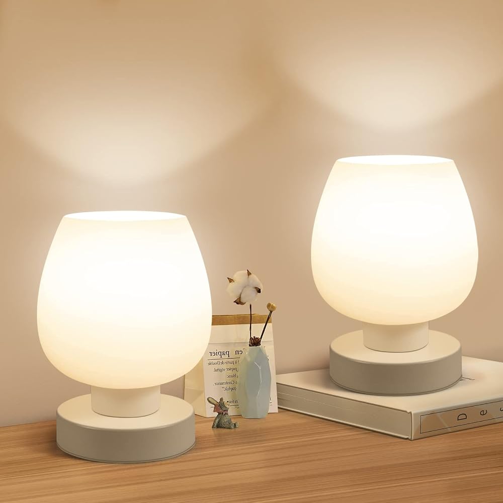 ONEWISH Touch Bedside Table Lamp Set of 2, 3-Way Dimmable, White Opal Glass Shade