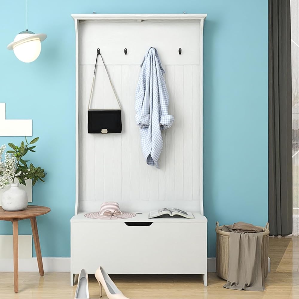 Coat Rack with Shoe Storage, Coat Stand and Shoe Storage Bench with 4 Coat Hooks & Shoe Rack Storage, White