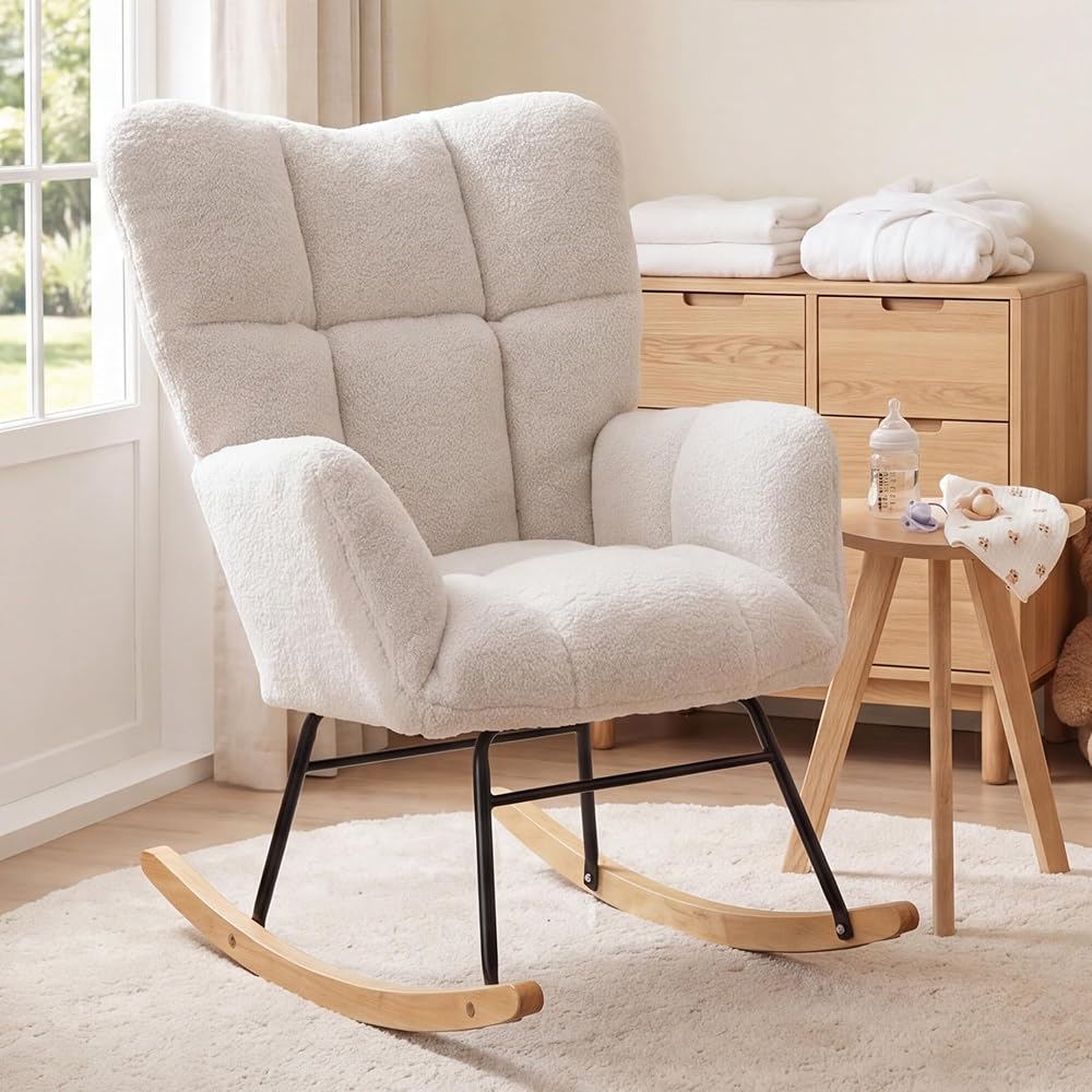 DEKKETO Teddy Nursing Rocking Chair for Nursery, Comfy Glider Armchair with High Backrest, Ivory