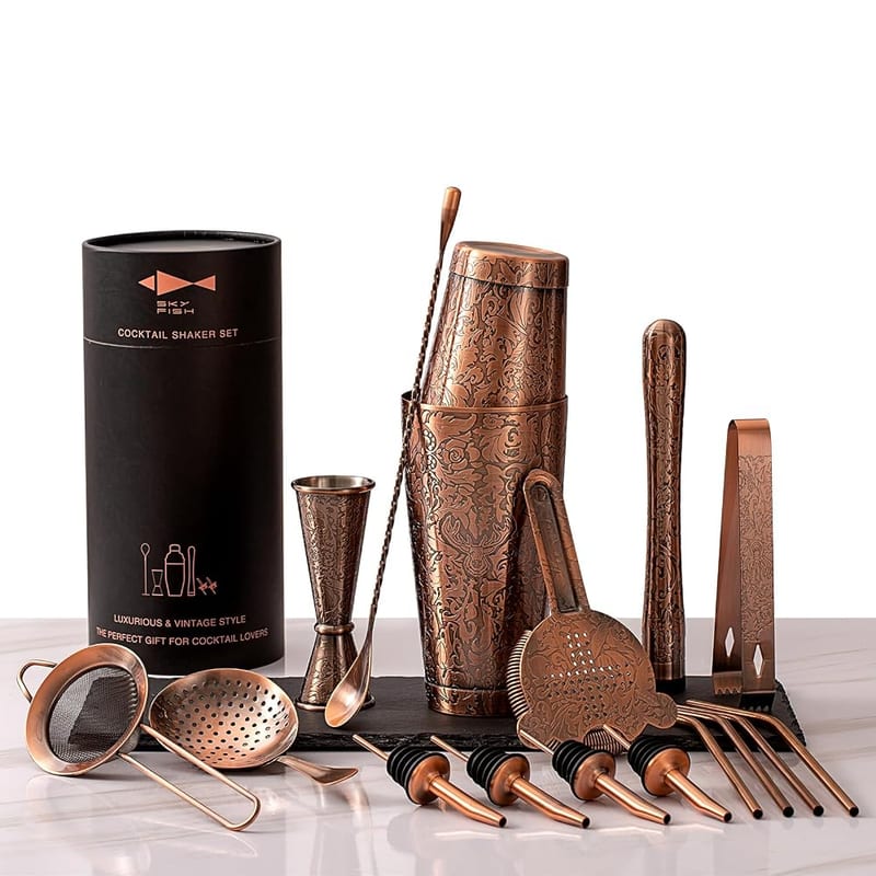 SKY FISH Boston Cocktail Shaker Set, 18-Piece Cocktail Making Kit, Antique Copper