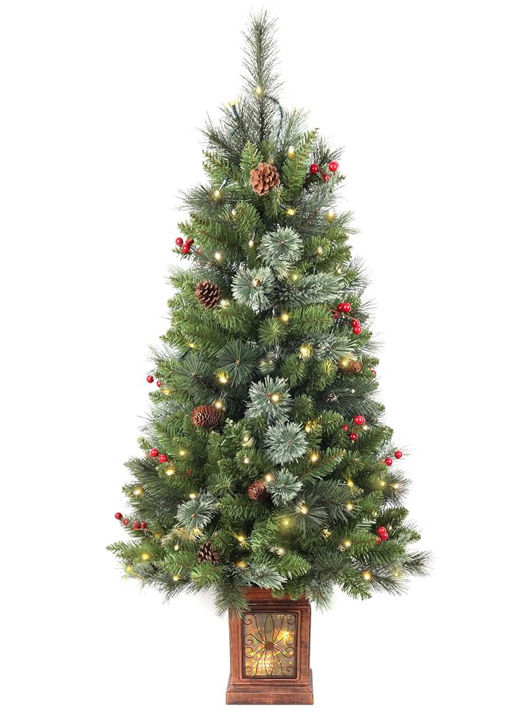 Pre-lit Artificial Christmas Tree 4ft, 256 Branches Tips Potted Decorated Pine Xmas Tree with LED Lights & 12 Red Berry & 12 Pinecone for Indoor Outdoor