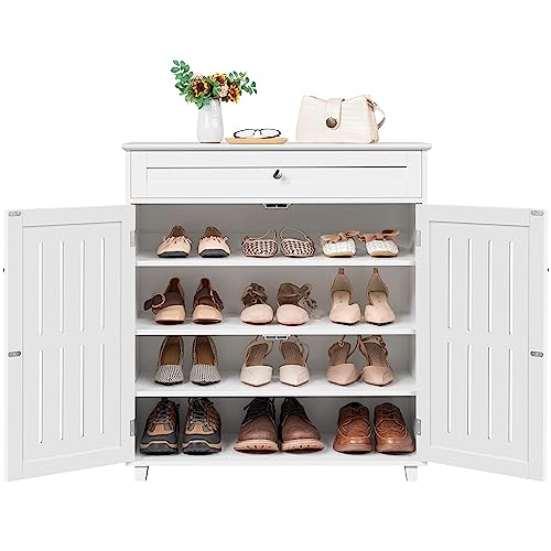 Yaheetech Shoe Cabinet 4-Tier Shoe Storage Organizer with Drawer, White