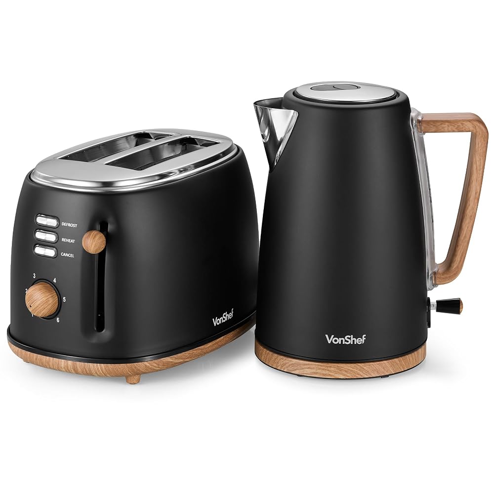 VonShef Fika Kettle and Toaster Set Black - Nordic 1.7L Rapid Boil Kettle 3000W & 4 Slice Wide Slot Toaster 1500W with 6 Browning Controls
