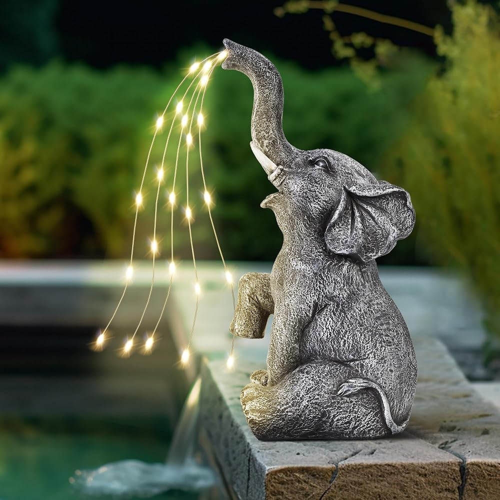 GIGALUMI Elephant Statue Garden Decoration with Solar LED Lights, 27cm