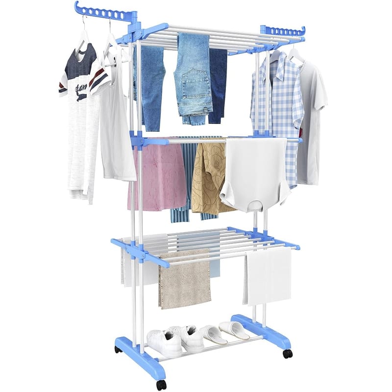 HOMIDEC Airer Clothes Drying Rack, 4-Tier Foldable Clothes Hanger, Adjustable, Large Stainless Steel Garment Laundry Rack for Indoor/Outdoor, Blue
