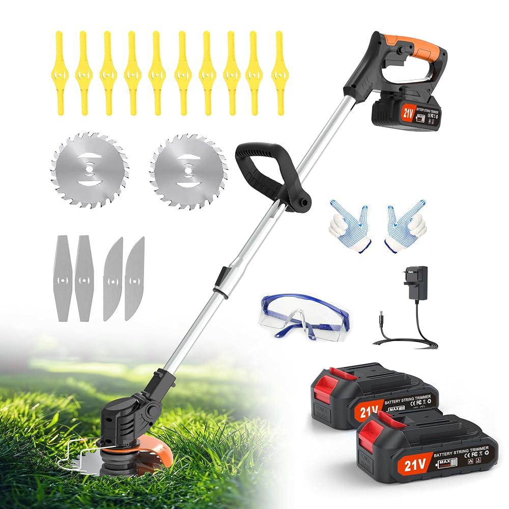 Jwdj Cordless Strimmer 21V Li-ion Battery Metal Blade Grass Trimmer with Fast Charger, 20 Blade Types