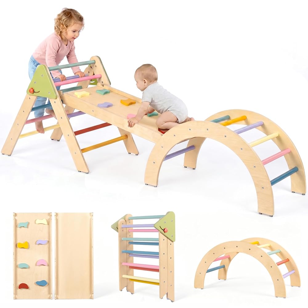 LOL-FUN 3in1 Wooden Climbing Frame for Toddlers, Foldable Pikler Triangle with Ramp and Arch