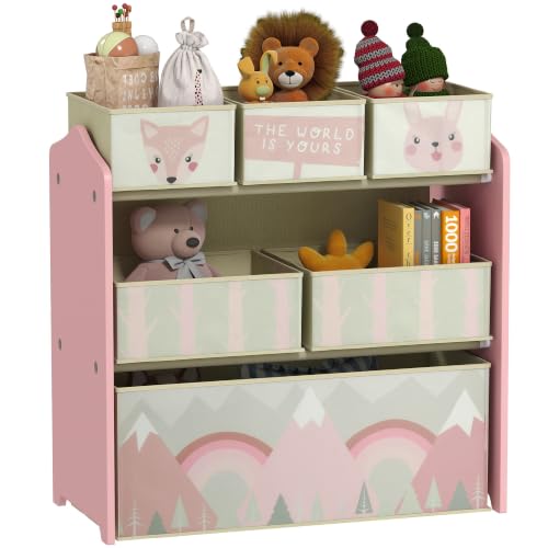 ZONEKIZ Kids Storage Unit with 6 Fabric Bins Bedroom 63 x 30 x 66cm Pink