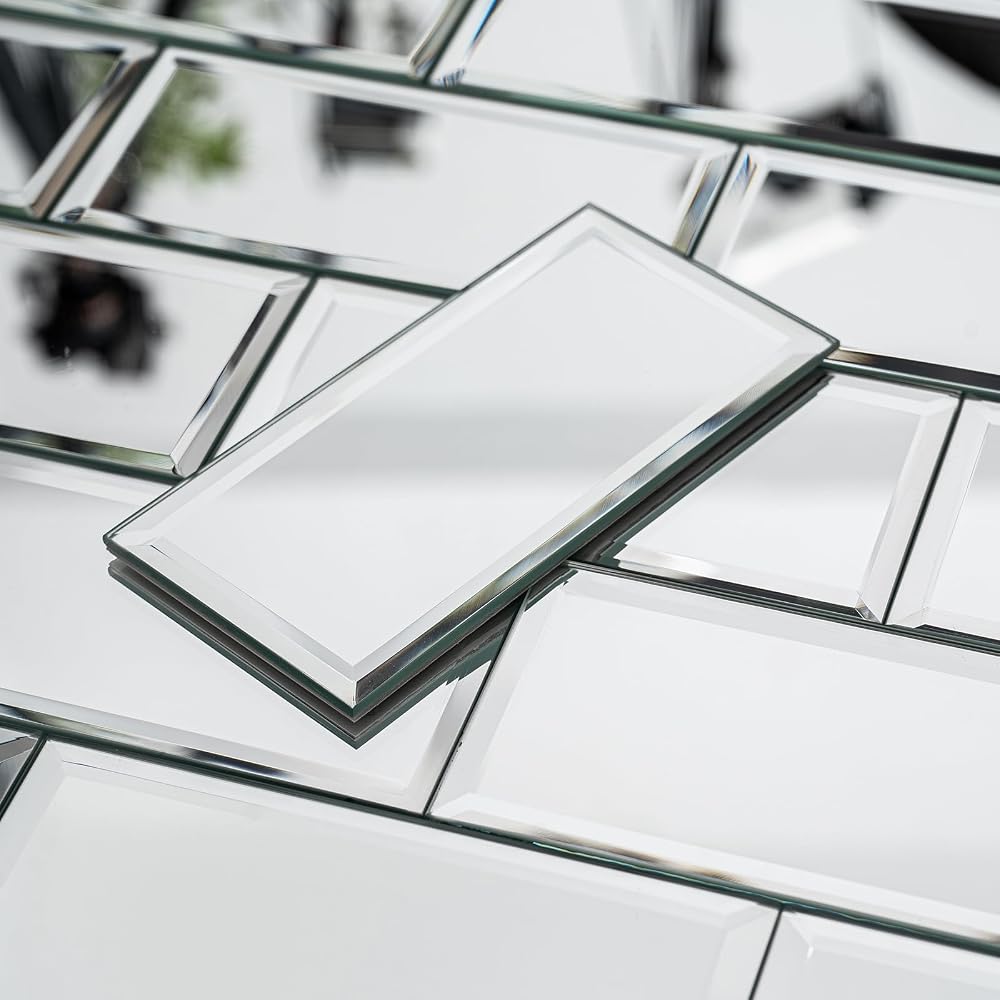 V-MOZZA 40-Pack Greek Silver Beveled Mirror Glass Tiles - 3x6 Real Mirror Subway Tile, Self-Adhesive Backing for Kitchen Backsplash & Accent Wall