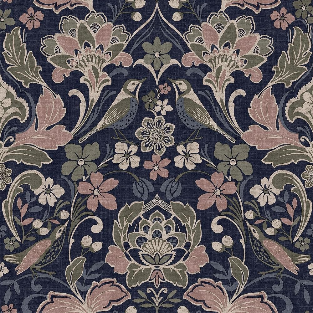 World of Wallpaper Folk Themed Birds Floral Patterned Matte Finish Textured Wallpaper for Living Room and Bedroom, Navy Blue 946104