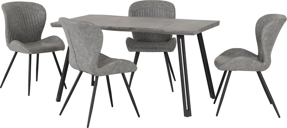 Seconique Quebec Wave Edge Dining Set with 4 Dining Chairs, Concrete Effect/Grey PU