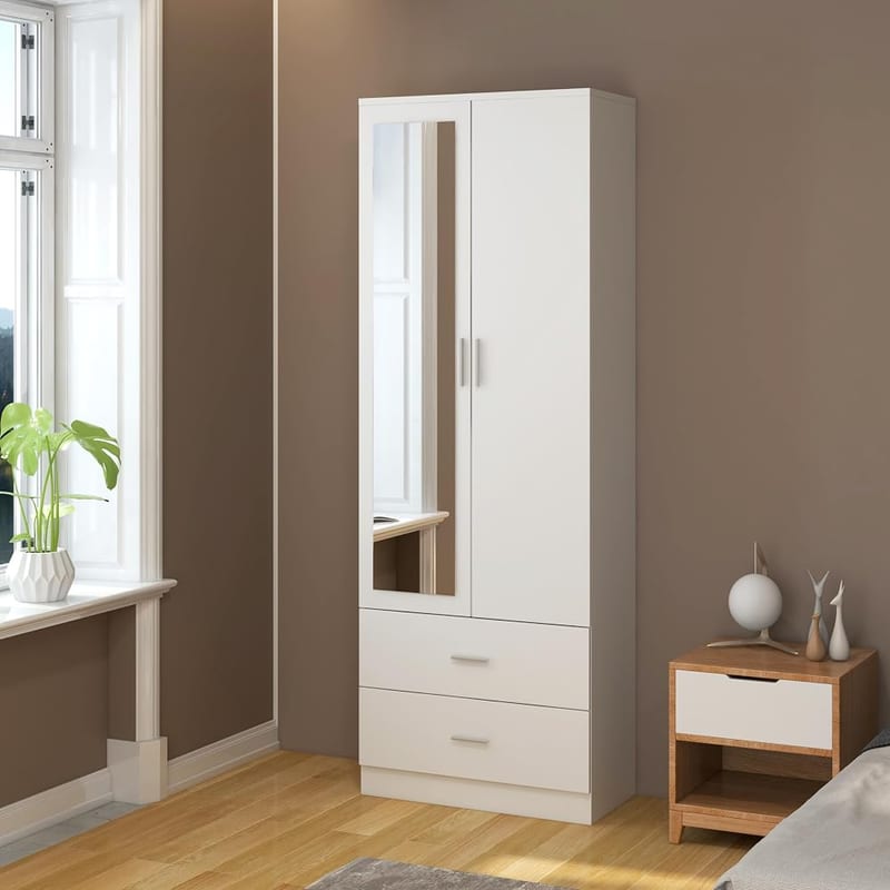Panana 2 Door 2 Drawers Mirrored Wardrobe with Hanging Rail Wooden Clothes Storage Cupboards Unit for Bedroom Furniture 77 x 50 x 180 cm (White)