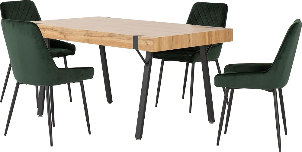 Seconique Treviso Dining Table Set with 4 Avery Dining Chairs, Light Oak Effect/Emerald Green Velvet