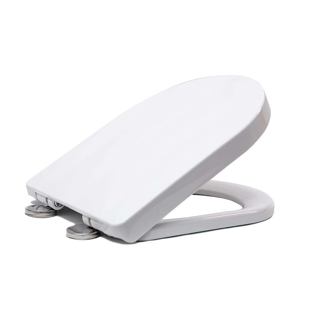 Premium D Shape Soft Close Toilet Seat with Adjustable Stainless Hinge, Quick Release, Anti-Bacterial Cover, White
