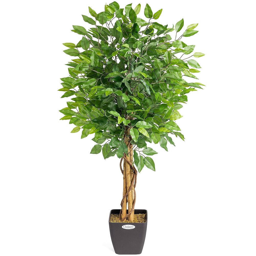 CHRISTOW Artificial Ficus Tree (Weeping Fig) In Pot, 4ft, Twisted Wooden Trunk, Lush Green Leaves, Weighted Pot, Indoor Decoration for Homes & Offices
