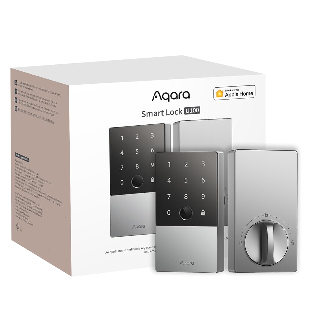 Aqara Smart Lock U100, Fingerprint Door Lock with Apple Home Key, Keyless Entry, Bluetooth Electronic Deadbolt Lock, IP65 Weatherproof, Silver