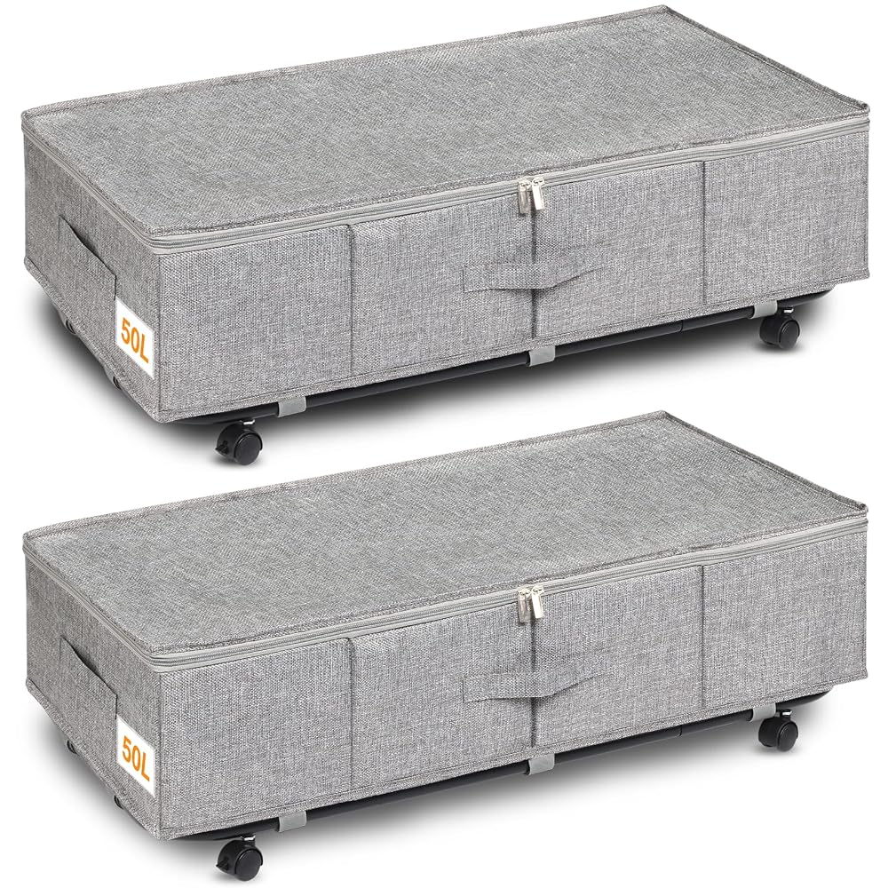 Huquter Under Bed Storage on Wheels, 50L Large Underbed Storage, 2 Pack Foldable Under Bed Storage Box with Lid & Zips