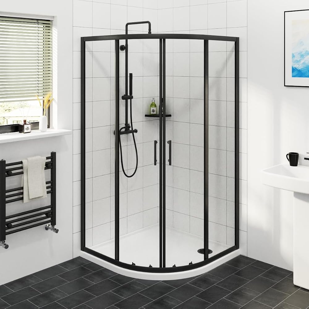NRG 900 x 900mm Matte Black Framed Quadrant Shower Enclosure Sliding Door, 6mm Easy Clean Glass