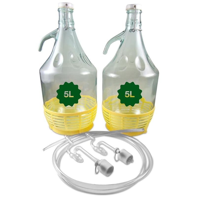 Glass Demijohn Set with Swing Cap & Protective Basket - 2 x 5L Natural Carboys for Wine & Mead Making with Airlock, Bung - Complete Demijohns Wine Making Kit, Including Syphon Tube