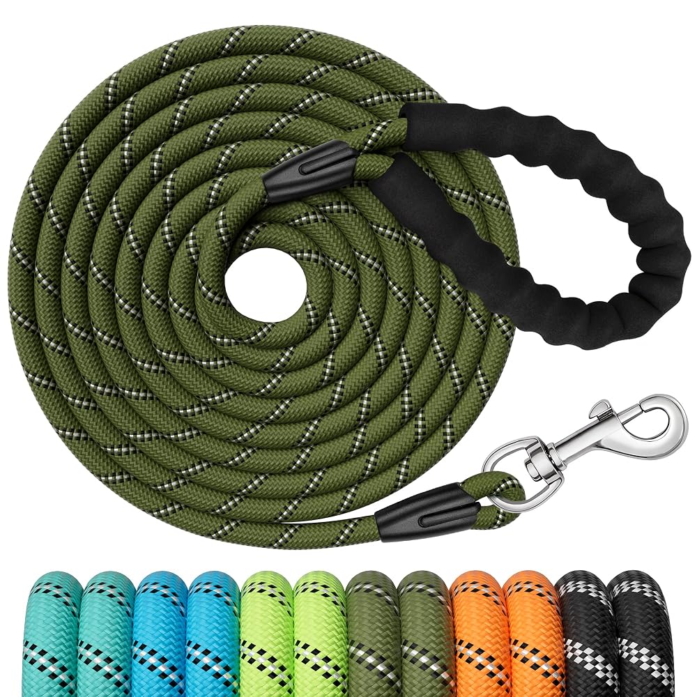 X XBEN Training Leads for Dogs, 10M Strong Rope Long Line Dog Lead with Soft Padded Handle and Heavy Duty Hook, Reflective Recall Training Lead