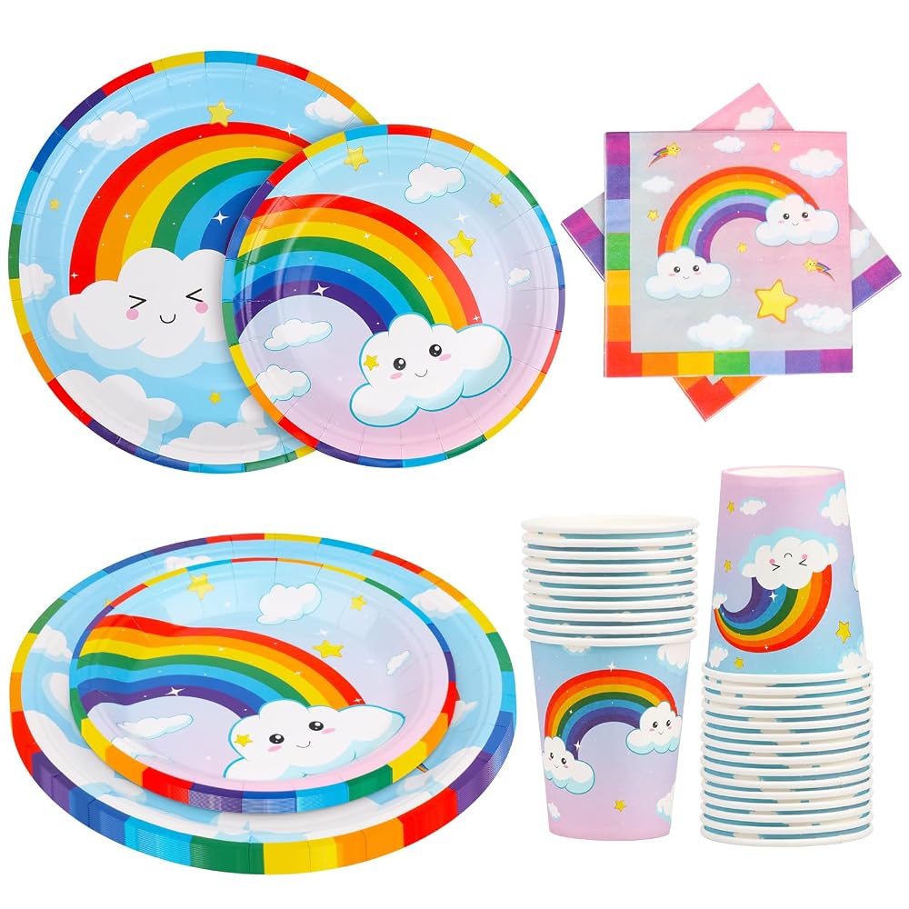Fowecelt Rainbow Party Tableware — 120pcs Paper Plates, Cups & Napkins Set for Kids Birthday Parties