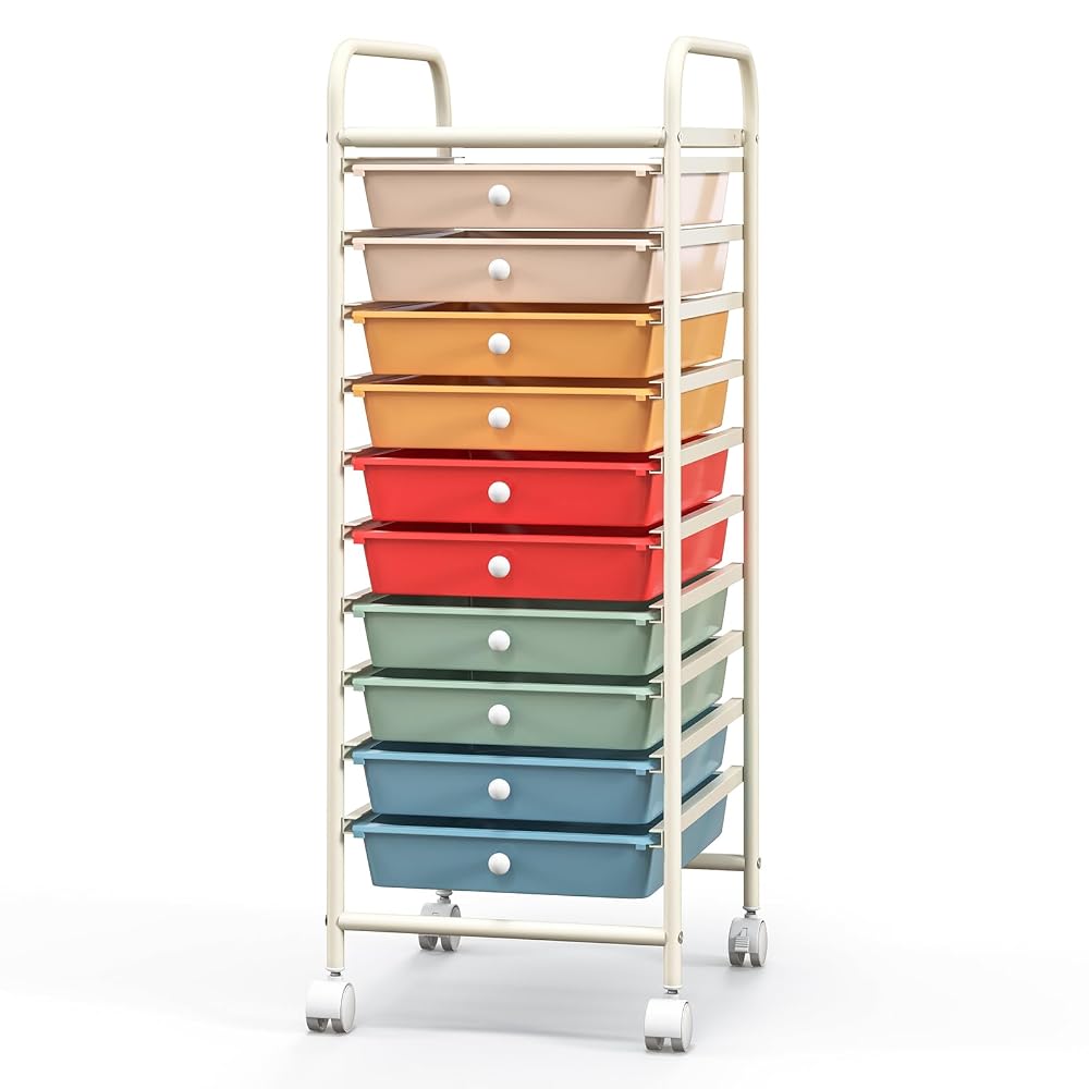 COSTWAY 10 Drawers Storage Trolley, Home Office Stationary Rolling Cart with 4 Wheels, Multipurpose Mobile Organiser Shelving Unit for Makeup Beauty Salon