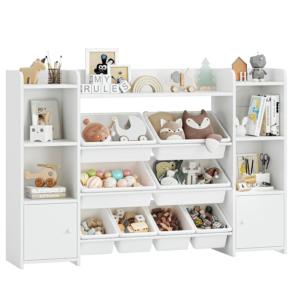 FOREHILL Toy Storage Unit with 8 Removable Toy Boxes Kids Bookcase, Storage Shelves and Cabinets, Playroom Bedroom Nursery Furniture, White